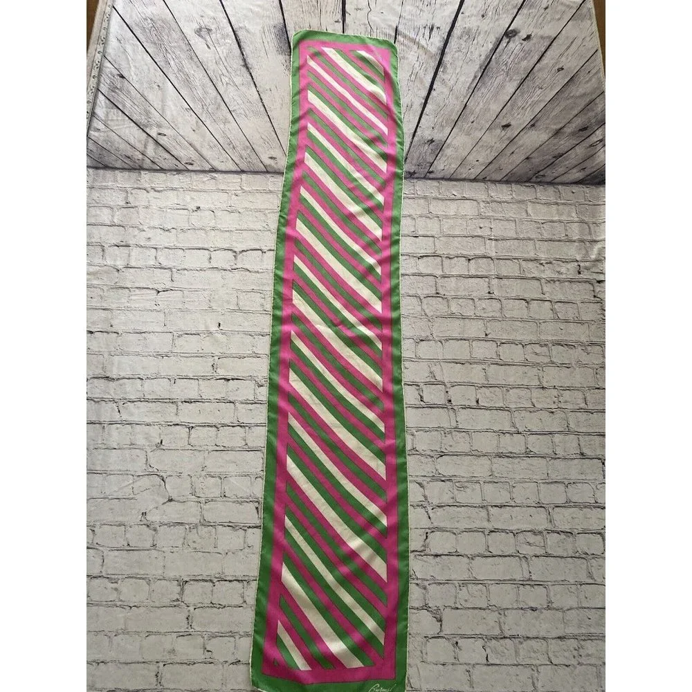 Burmel Vintage 1960's Pink Green Stripe Hand Rolled All Silk Scarf 13x68 Italy - Picture 10 of 16